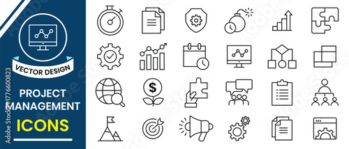 Set of 24 line icons project management. Project Management icon vector design. Schedule, human resource, management, development, planning, strategy. Outline icon collection. Vector illustration.
