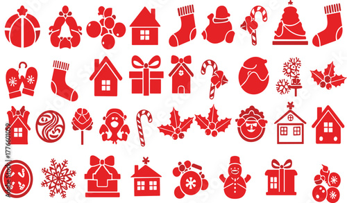 Christmas icons collection, festive red silhouettes, holiday decorations, Santa Claus, snowflakes, reindeer, gifts, ornaments, Christmas tree, winter celebration, seasonal design