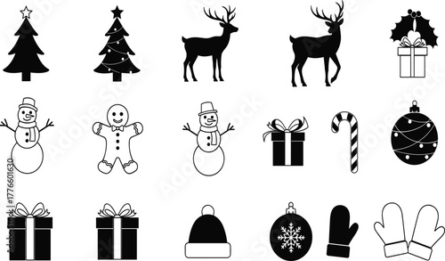 Christmas icons, black and white, festive symbols, holiday elements, winter decorations, vector set, reindeer, snowman, gifts, tree, ornament