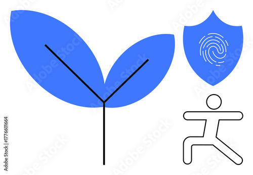 Human figure near a large leaf and a blue shield with a fingerprint. Ideal for health, eco-friendly innovation, data security, personal growth, sustainability, wellness, and protection. A simple flat