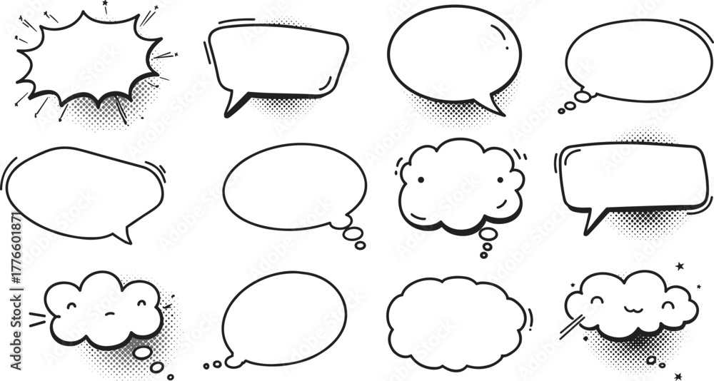Obraz premium Black and white comic speech and thought bubbles set, retro pop art style vector illustration for dialogue, conversation, storytelling, design templates