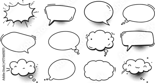 Black and white comic speech and thought bubbles set, retro pop art style vector illustration for dialogue, conversation, storytelling, design templates