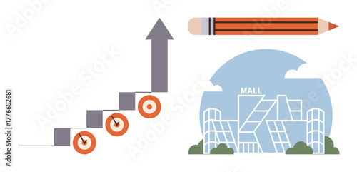 Arrow moving up steps signifies progress, pencil represents ideas, mall symbolizes goals. Ideal for success, strategy, retail growth, planning, innovation productivity education. Simple flat