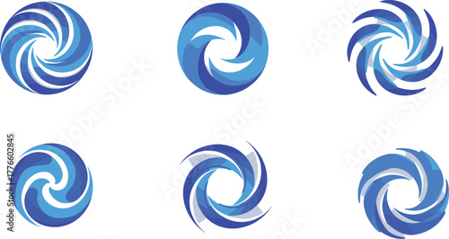 Abstract blue swirl vortex circular spiral design set, dynamic motion energy wave pattern, modern vector icon symbol collection illustration