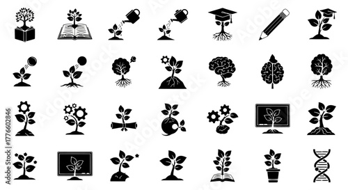 Growth and Education Icons Set Learning Development Knowledge Plant Growth Academic Study Symbols Collection Black White Vector Illustration
