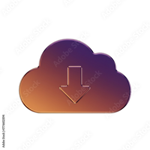 Sleek metallic cloud icon with downward arrow symbolizing data download, storage, and digital transfer for modern technology concepts.