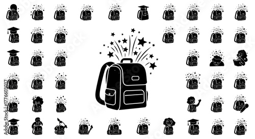 School Backpack Education Icons Set Student Supplies Academic Gear Learning Journey College University Knowledge Adventure Study Tools Vector