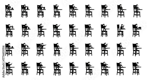 Continuous line drawing student chair set silhouette various poses vector illustration