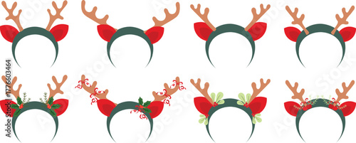 Christmas reindeer headband vector pattern with antlers and red decoration, perfect for holiday themes, festive designs and party illustrations.
