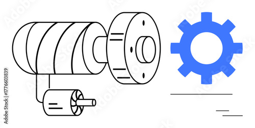 Machine motor with cylindrical rotor and cogwheel working in tandem. Ideal for engineering, automation, innovation, mechanics, industry, productivity, process optimization. Simple flat metaphor