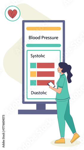 Nurse checking blood pressure readings on screen in medical environment  