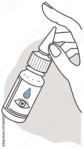 Hand holding eye drop bottle with blue drop illustration  