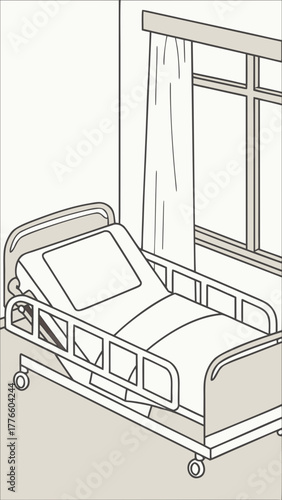 Hospital bed with rails positioned by window in simple design  