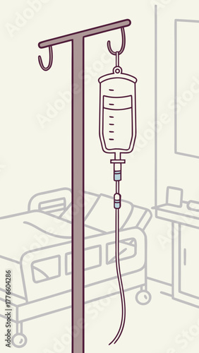 Intravenous fluid bag hanging on hospital pole in patient room  