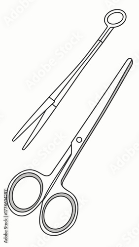 Medical scissors and hemostatic forceps line drawing illustration  