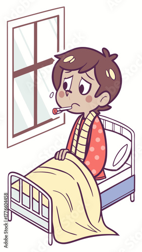 Sick boy sitting in bed with thermometer looking out the window  