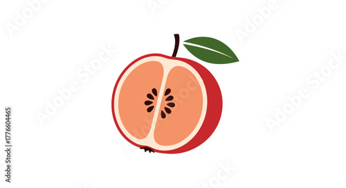 Half apple fruit with seeds and leaf, fresh and healthy food, red color.