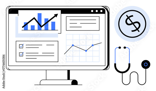 Computer screen displaying charts, graphs, and reports. Nearby stethoscope and dollar sign imply financial and healthcare analytics. Ideal for finance, healthcare, technology, innovation, research