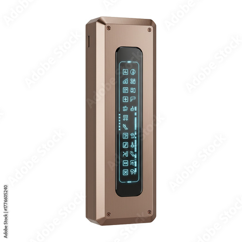 Sleek futuristic interface control panel with glowing symbols for science fiction technology, ideal for UI design, game development, and innovative tech concepts, metallic bronze color