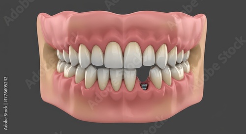 Close up of human dental anatomy showing a missing tooth and gum line with a dark background