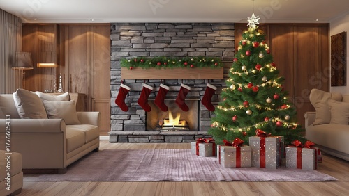 A fireplace with a tall Christmas tree in a room with large windows with gifts under it	