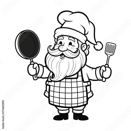 Cute cartoon Santa wearing an apron and holding a frying pan in playful black and white vector silhouette style