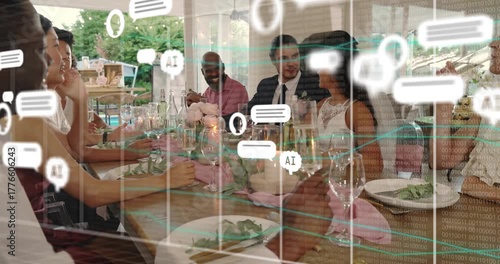 Dinner guests chatting around wooden table on patio animating AI chat bubbles showing tech insights