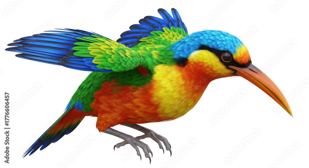 Fototapeta premium Vibrant rainbow colored hummingbird with outstretched wings and long beak in motion isolated on transparent background