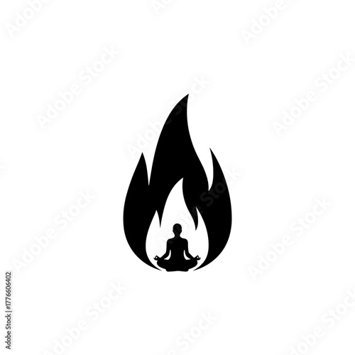 Person meditating inside flame silhouette for spiritual peace concept