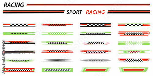 Collection of racing checkered flag motifs and sporty stripes for automotive design and sports branding