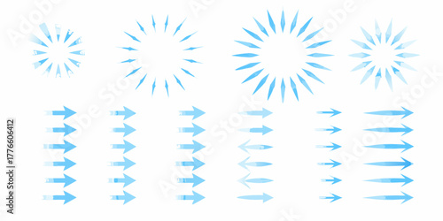 Collection of blue abstract starburst shapes and directional arrows with gradient effects on a white background