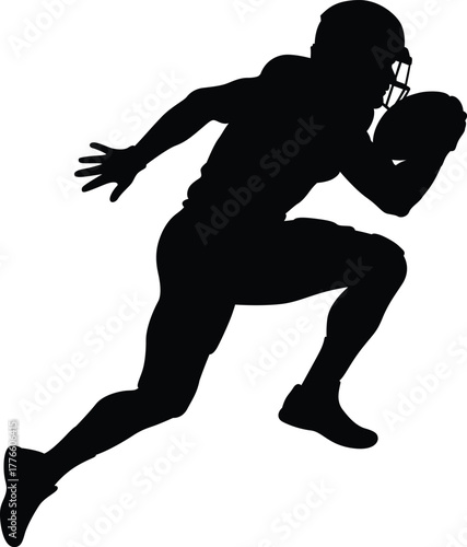 Silhouette of an american football player running with the ball in a dynamic pose against a white background