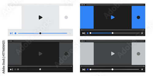 Collection of four flat design video player interfaces with play buttons and progress bars