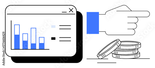 Bar chart on analytics interface, hand pointing towards stacked coins. Ideal for business, data analysis, finance, investment, decision-making, progress tracking and wealth management. Minimal flat