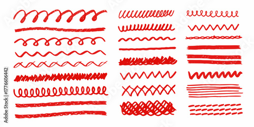 Collection of hand drawn red scribbles and lines on a white background for design elements