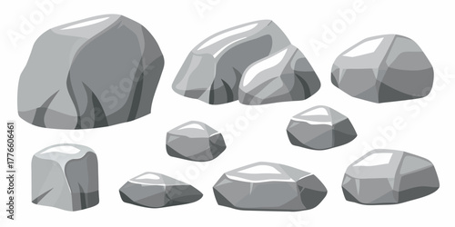 Collection of various grey cartoon rocks and stones with smooth surfaces and highlights