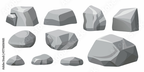 Collection of various grey cartoon rocks and stones with different shapes and sizes isolated on white background