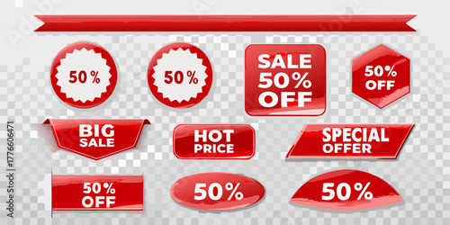 Collection of red sale and discount tags featuring 50 percent off and special offers
