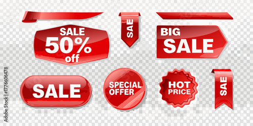Collection of red sale tags and labels with different shapes and discount offers