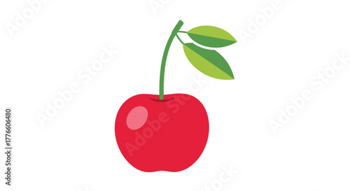 Vibrant Red Cherry with Green Stem and Leaves.