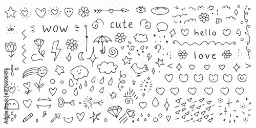 Collection of cute hand drawn doodle elements including hearts stars flowers clouds and text for design