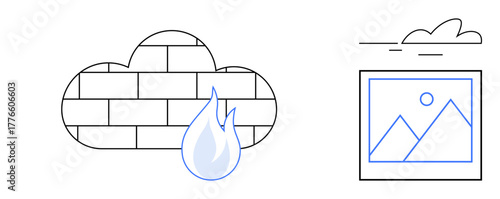 Cloud structure with brick pattern, flame symbolizes firewall protection, picture frame and cloud icon. Ideal for cybersecurity, cloud computing, data safety, IT security, network protection, digital