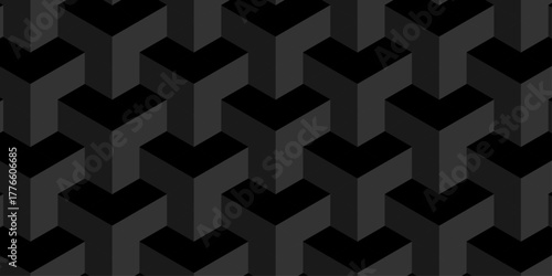 Vector structure minimal black abstract cube square geometric tile hexagon mosaic wall grid wallpaper. black geometric block cube isometric mosaic texture background.	
