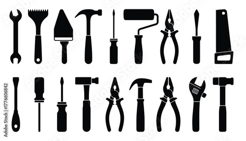 Collection of various hand tools and diy equipment silhouette icons and symbols set
