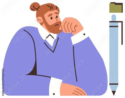 Young man with a beard and tied-back hair rests his chin on his hand in deep thought near a pen. Ideal for brainstorming, problem-solving, creativity, decision-making, pondering, focus, planning