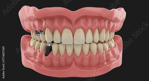 Realistic dental model demonstrating a missing tooth and dental implant replacement