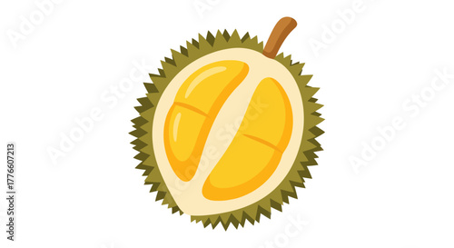 Halved Durian Fruit with Yellow Pulp and Spiky Green Husk.