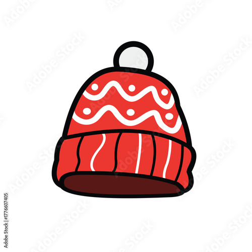Red Knit Beanie Hat with Pom Pom, vector style — A Cozy Winter Accessory for Cold Days