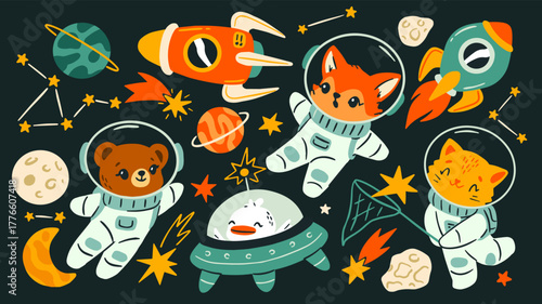 Space animal set. Stickers with fox, bear, cat, and duck in spacesuits, rockets, and alien flying saucers. Outer space with stars and planet. Flat vector illustration collection