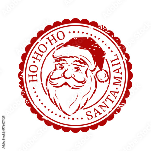Red round seal stamp with Santa Claus effect texture. Isolated on white background. New Year and Christmas design. Vector illustration.